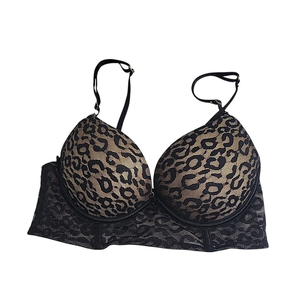 Black Leopard Print Full Coverage Adjustable Underwire Longline Bra‎ Size 34B